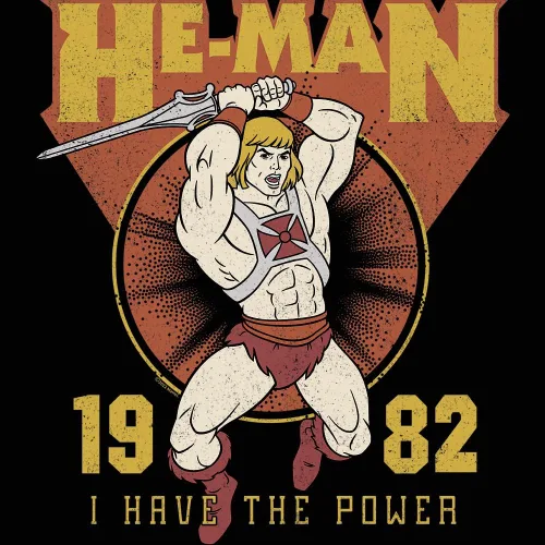 Vista 2 de Camiseta de Masters of The Universe con texto en inglés "He Man I Have The Power '82" para adultos, de manga corta, con figura de acción, camisetas