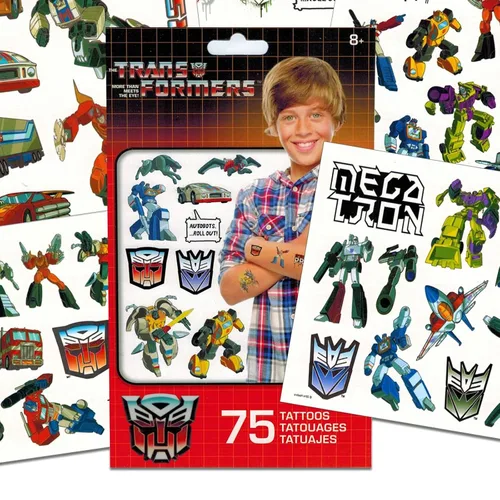 Vista 2 de Transformers - Paquete de tatuajes temporales para fiestas, 75 tatuajes para niños, más colgador de puerta de Rex-Man (recuerdos de fiesta)