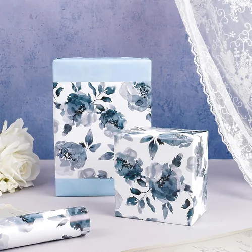 Vista 3 de RUSPEPA Papel de regalo reversible floral para niñas y mujeres, mini rollo, acuarela azul floral y azul sólido papel de regalo para cumpleaños