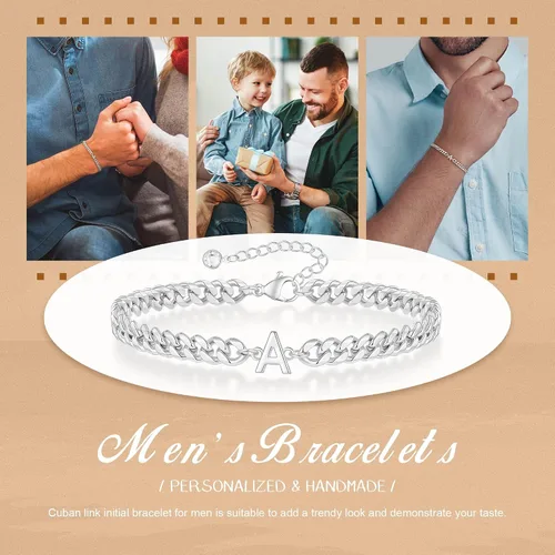Vista 3 de Pulsera con inicial para hombre, cadena de eslabones cubanos de oro y plata, ajustable, joyería para hombre, regalos únicos para hombres, marido