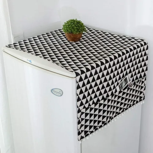 Vista 17 de vctops Funda de algodón y lino con estampado bohemio para nevera, a prueba de polvo, pompones, cubierta superior de lavadora multiusos con 6