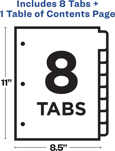 Vista 4 de Avery Separadores de plástico con 8 pestañas, tabla de contenido personalizable, pestañas multicolor, 1 juego (11817)