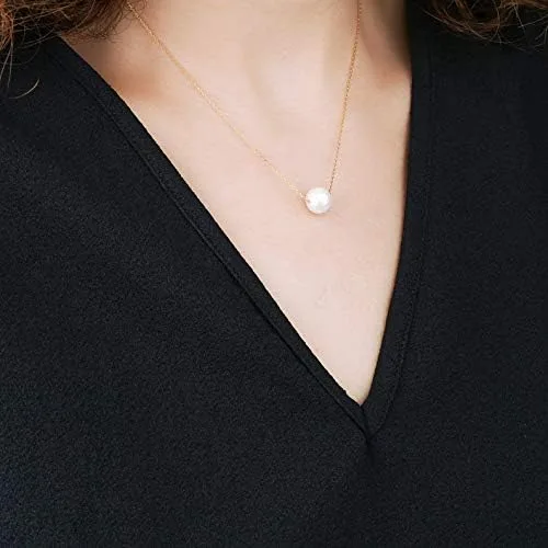 Vista 6 de Collar de perlas de oro macizo de 14 quilates para mujer, collar con colgante de perlas cultivadas de agua dulce real, collar de 0.39 pulgadas