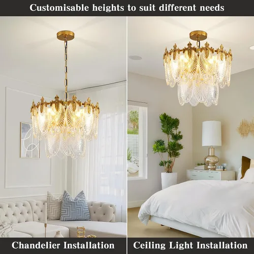 Vista 6 de Antique Chandeliers 2-Layer Gold Crystal Glass Chandelier, 4-Light Round Pendant Light 17.7" Brushed Brass Adjustable Height, Applicable to Dining