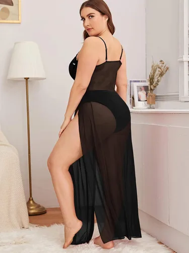 Vista 2 de SOLY HUX Vestido de lencería de malla larga dividida para mujer talla grande babydoll Negro