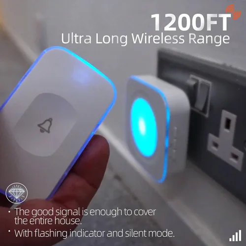 Vista 3 de Timbre inalámbrico de 1200 pies impermeable para el hogar con 36 melodías, 4 niveles de volumen, luz LED flash (1 receptor y 1 botón táctil blanco)