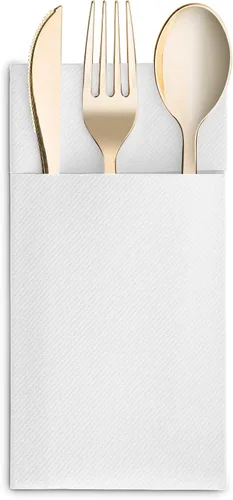 Vista 8 de Paquete de 50 servilletas desechables de lino con bolsillo integrado para cubiertos, tela preplegada blanca como servilletas de papel para cenas
