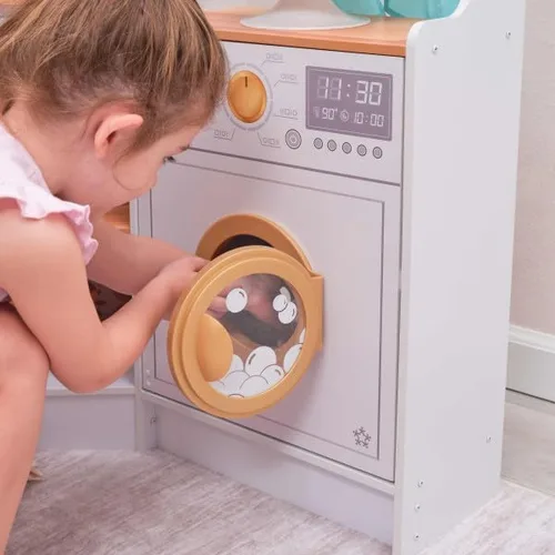 Vista 5 de KidKraft Ultimate - Cocina de esquina de madera con luces y sonidos, teléfono de juego y cortinas, blanco Lazy Susan, cortinas, se adapta a dos