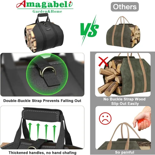 Vista 6 de Amagabeli - Bolsa de transporte de leña encerada, bolsa de transporte resistente para chimenea de leña grande con asas para camping, soporte