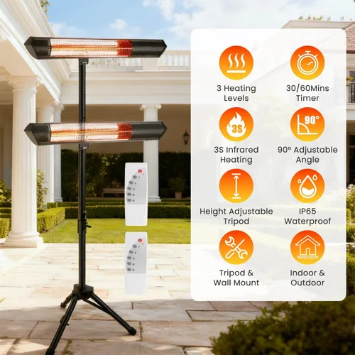 Vista 2 de Calentador eléctrico de 1500 W, calentador de espacio infrarrojo para interiores, calentador de patio al aire libre con soporte, 2 controles