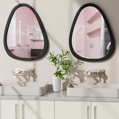 Vista 5 de Espejo de pared irregular de 22.5" x 17.5", espejo con marco de madera negra, espejo de pared asimétrico para sala de estar, dormitorio, baño