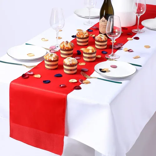 Vista 4 de 24 caminos de mesa de satén de 12 x 108 pulgadas de largo, camino de mesa de seda para bodas, fiestas de cumpleaños, ceremonias, banquetes, Rojo