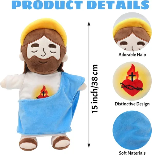 Vista 2 de Yelakey Muñeco de Jesús de Peluche Relajante con Luz y Sonido, Muñeco de Jesús Respirante de 15" de Peluche Suave Cristiano Católico Regalo Azul