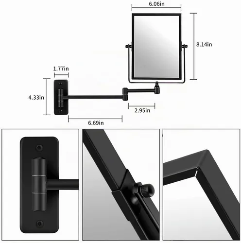 Vista 6 de QiMH Espejo de pared con aumento 3X, rectangular de 8 x 6 pulgadas con brazo extensible Espejo giratorio de doble cara para afeitado y tocador