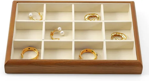 Vista 25 de Oirlv Bandeja Organizadora de Joyas Colgante de Madera Maciza de 12 Rejillas con Forro para Cajón de Joyas (Gris)