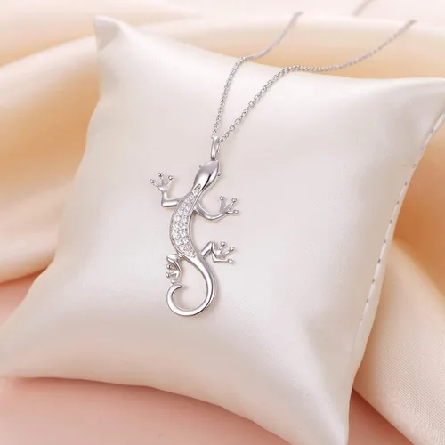 Vista 4 de DAOCHONG Collar con colgante de plata de ley S925 con diseño de lagarto y camaleón Gecko para mujeres, hombres y adolescentes, Plata esterlina
