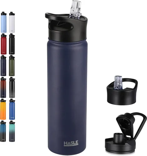 Vista 60 de HASLE OUTFITTERS Botella de agua aislada de 22 onzas, botella de agua de acero inoxidable de doble pared de boca ancha con tapa de popote y tapa