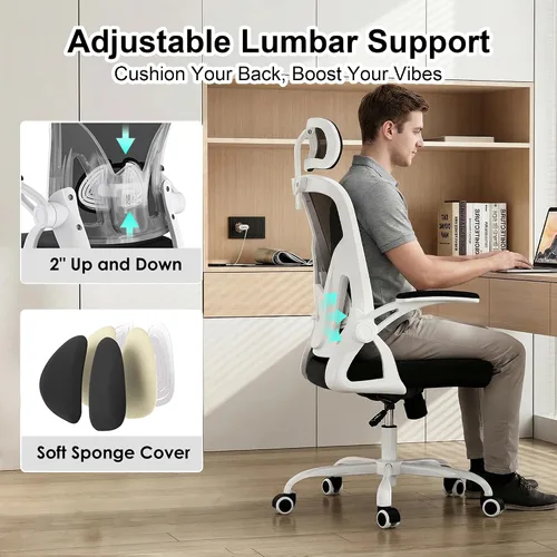 Vista 4 de Silla giratoria ergonómica de oficina con reposacabezas ajustable 3D y soporte lumbar, silla de escritorio con respaldo alto con brazos abatibles
