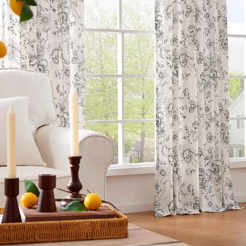 Vista 5 de Jinchan - Cortinas de lino floral de 120 pulgadas de largo para sala de estar, 2 paneles Negro sobre beige