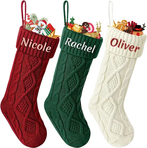Vista 18 de Dreamdecor - Medias de Navidad personalizadas con nombre y monogramas, medias familiares de 18 pulgadas con placa de cuero para niños, 1 paquete