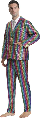 Vista 2 de Conjunto de disfraz de discoteca para hombre, traje de lentejuelas brillantes y pantalones, chaqueta metálica, trajes de Halloween