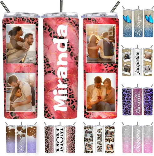 Vista 12 de Vaso delgado personalizado con purpurina con tapas y popotes, nombres, vasos de acero inoxidable personalizados con imagen para mujeres, hombres