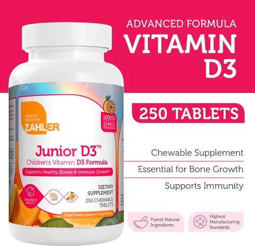 Vista 3 de Zahler Junior D3 Chewable 1000IU, gran sabor Chewable Vitamina D para niños, Vitamina D3 1000 IU para los niños, Certified Kosher, 250 tabletas