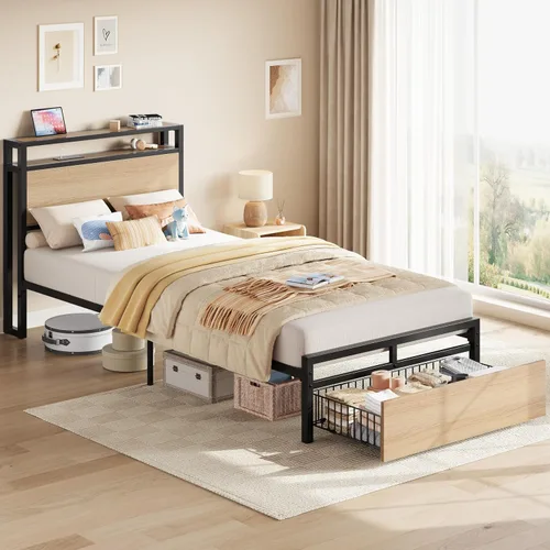 Vista 14 de LIKIMIO - Marco de cama individual con cajón y estación de carga, color marrón oscuro 2-Tier Storage Headboard with Metal Construction Frame, No