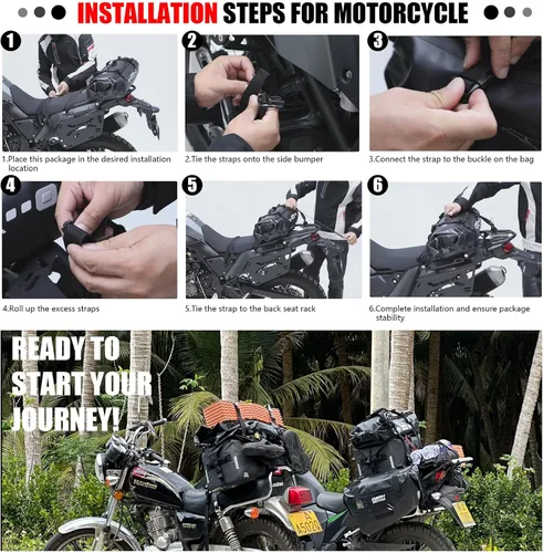 Vista 6 de Bolsa de lona impermeable y maleta - Bolsa seca para motocicleta, bolsas de sillín con cierre enrollable, gran espacio de almacenamiento, para Negro