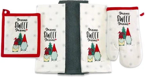 Vista 12 de Paños de Cocina y Agarraderas Navideños - Juego Alegre de Navidad de 4 Piezas 100% Algodón Verde Rojo Blanco - Dos (2) Paños de Cocina, Un (1)