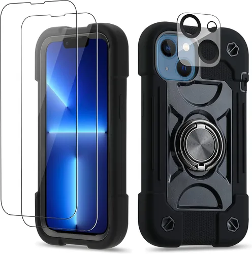 Vista 99 de Funda para iPhone 11 de 6.1 pulgadas con soporte de anillo, con 2 protectores de pantalla de vidrio, resistente a los golpes, resistente a