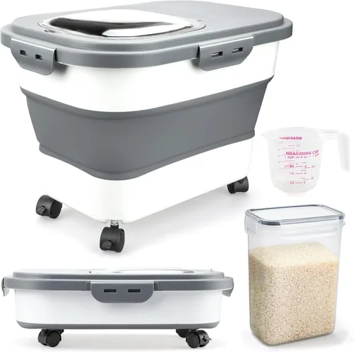Vista 8 de Komzon Contenedores de almacenamiento de arroz, dispensador plegable de 20 a 30 libras de almacenamiento de alimentos con rueda rodante y tapa