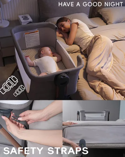 Vista 7 de Cuna para bebé - Cuna para dormir al lado de la cama, Cunas al lado de la cama 3-en-1 para bebé, Cuna con movimiento, con colchón cómodo, ruedas