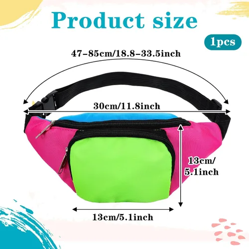 Vista 2 de Riñonera de neón de los años 80, 2 bolsillos, bolsas para cinturón de los años 90 para mujeres y hombres, paquetes retro de cintura para festivales