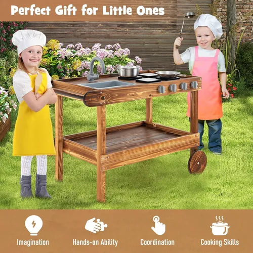 Vista 7 de Costzon Cocina de barro, cocina de juego al aire libre con fregadero, grifo, estufas y accesorios de cocina, estante de almacenamiento, carrito