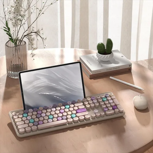 Vista 3 de Combo de teclado y mouse inalámbricos con soporte para teléfono (caqui) MPTOG Colorful Typewriter Keys with Wrist Rest, 2.4GHz Wireless