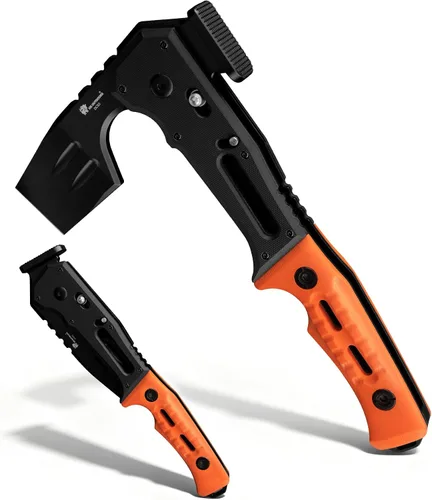 Vista 8 de HX Outdoors - Hacha táctica plegable de supervivencia multiherramienta, hoja de acero DC53 con titanio negro, hacha de camping con martillo