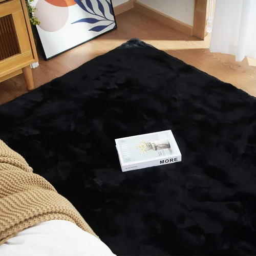 Vista 7 de Latepis Alfombra Pequeña Negra Esponjosa 2x3 pies Manta de Piel Sintética de Conejo Alfombra Suave Lavable Alfombras Peludas Shag para Dormitorio