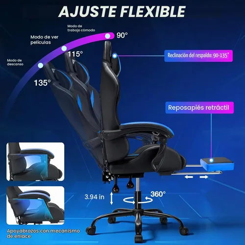 Vista 8 de Silla RGB para videojuegos con masaje y luces LED, ergonómicas, con reposapiés, respaldo alto, silla reclinable para computadora con soporte lumbar