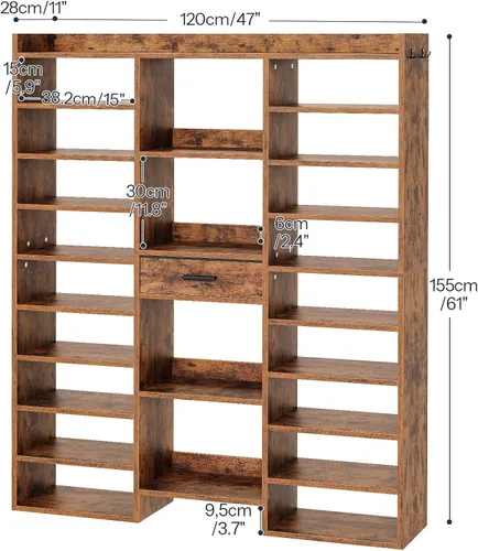 Vista 3 de HOOBRO Zapatero de 10 niveles de alto, organizador grande de zapatos de madera de 47 pulgadas, estante de zapatos de 61 pulgadas de alto con cubos