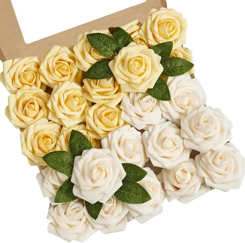 Vista 21 de Flores artificiales, 25 piezas, rosa artificial azul bebé para ramos de boda, centros de mesa, arreglos, flor falsa con tallos para decoración