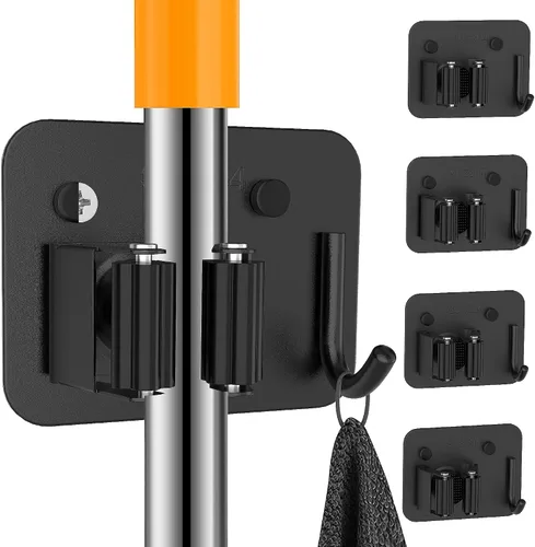 Vista 9 de Paquete de 2 soportes de pared para escobas, organizador de trapeador de acero inoxidable 304 con ganchos, sin adhesivo para taladro e instalación