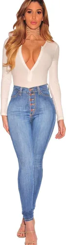 Vista 2 de Pantalones de mezclilla de talle alto con botones y curvas para mujer pantalones ajustados de mezclilla suave con botones para jóvenes cintura súper