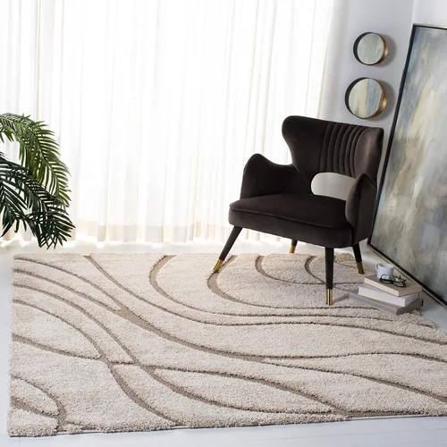 Vista 77 de Safavieh Florida Shag Collection - Alfombra de área de 2 x 3 pies, color crema/beige, diseño geométrico, felpa de 1.2 pulgadas de grosor, ideal