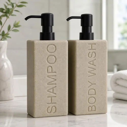 Vista 23 de Dispensador rectangular de resina para baño, champú y acondicionador de baño, botella de lavado corporal, diseño moderno de bomba recargable Gris
