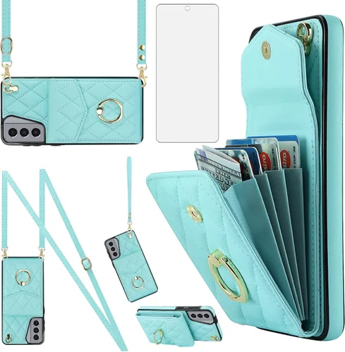 Vista 11 de Funda para teléfono Samsung Galaxy S21 5G de 6.2 pulgadas, funda tipo cartera con protector de pantalla de vidrio templado y correa cruzada