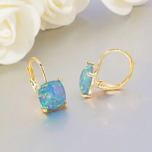 Vista 3 de CiNily Aretes colgantes para mujeres y niñas, hipoalergénicos, chapados en oro de 14 quilates, aretes con dije cuadrado de ópalo, aretes de palanca