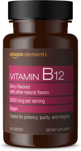 Vista 2 de Amazon Elements Vitamina B12 Metilcobalamina 5000mcg, 65 pastillas con sabor a bayas, suministro de 2 meses y vitamina D3, 5000 UI, 180 cápsulas