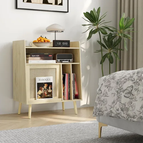 Vista 9 de Semiocthome Soporte para tocadiscos con almacenamiento de vinilo, mesa de tocadiscos con estante de almacenamiento, soporte giratorio con puerta