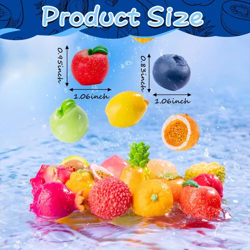 Vista 3 de Exasinine 33 piezas de figuras de frutas en miniatura, fresa, melocotón, uvas, mini figuras de resina, frutas artificiales para jardín, cocina